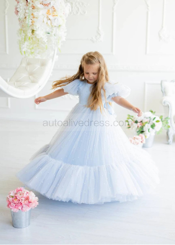 Puff Sleeves Blue Tulle Pearl Flower Girl Dress